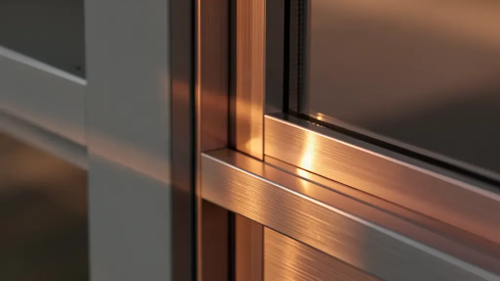 Détail d’un profilé aluminium cuivré éclairé par le soleil