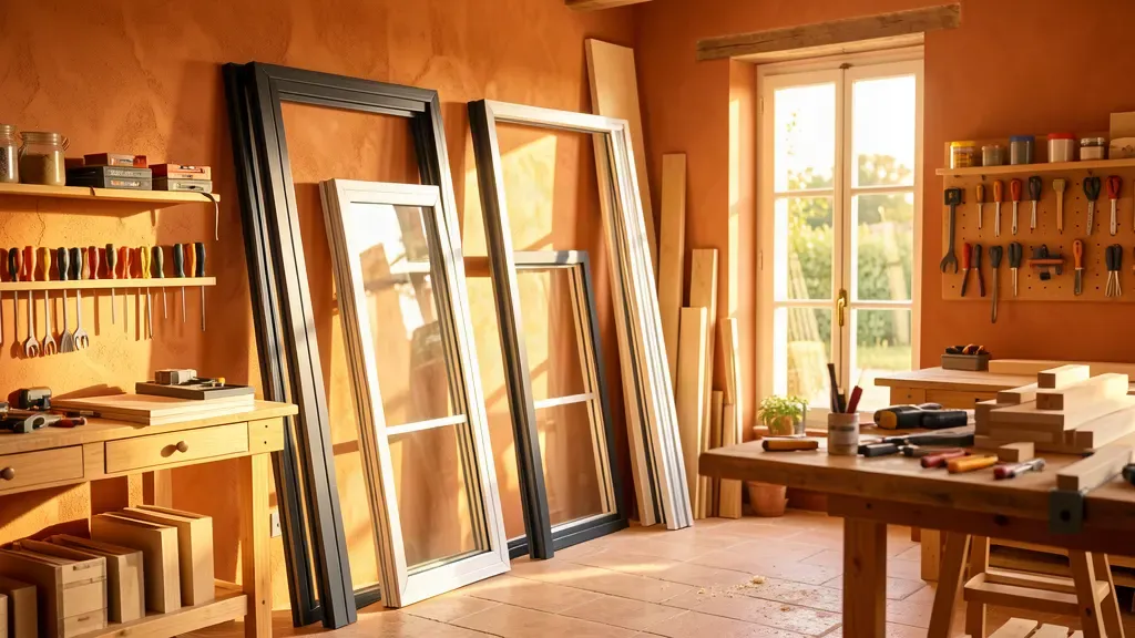 Atelier de menuiserie lumineux avec cadres de fenêtres et outils