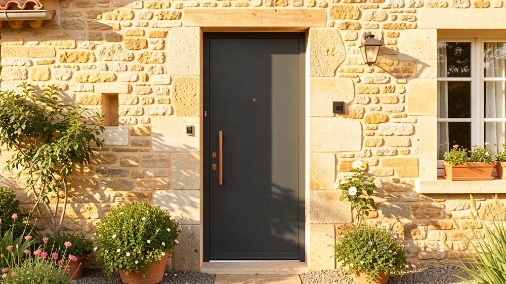 Porte d’entrée anthracite sur une façade en pierre claire