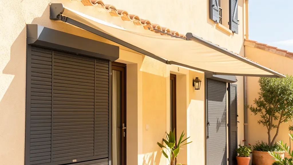 Volets roulants anthracite et store banne sur une façade provençale