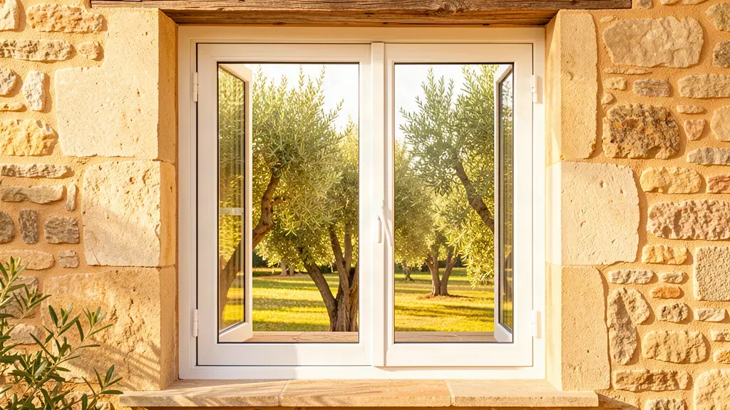 Fenêtre blanche ouverte sur un jardin provençal planté d’oliviers